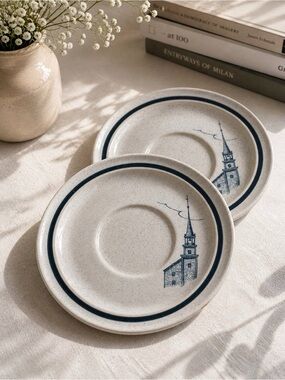 Noritake Stoneware Colonial Times Set of 2 Saucers 8340 Blue Church Japan